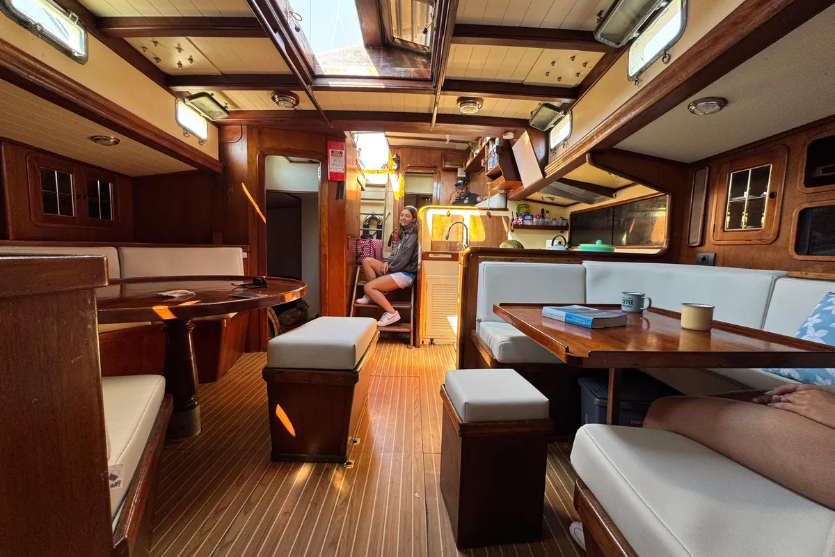 Salon of La Peregrina, a Gulet Frers 72 sailboat at Baiona, Spain