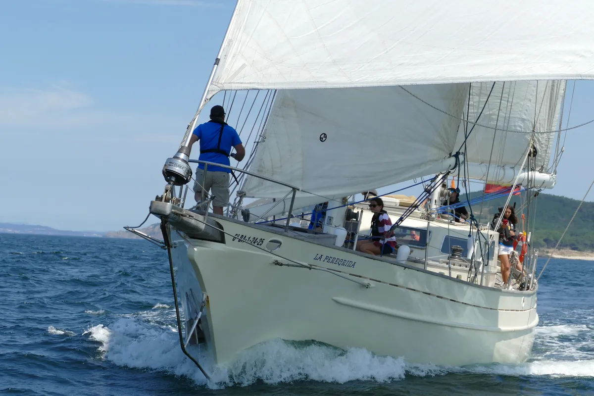 Exterior view of La Peregrina, a Gulet Frers 72 sailboat at Baiona, Spain