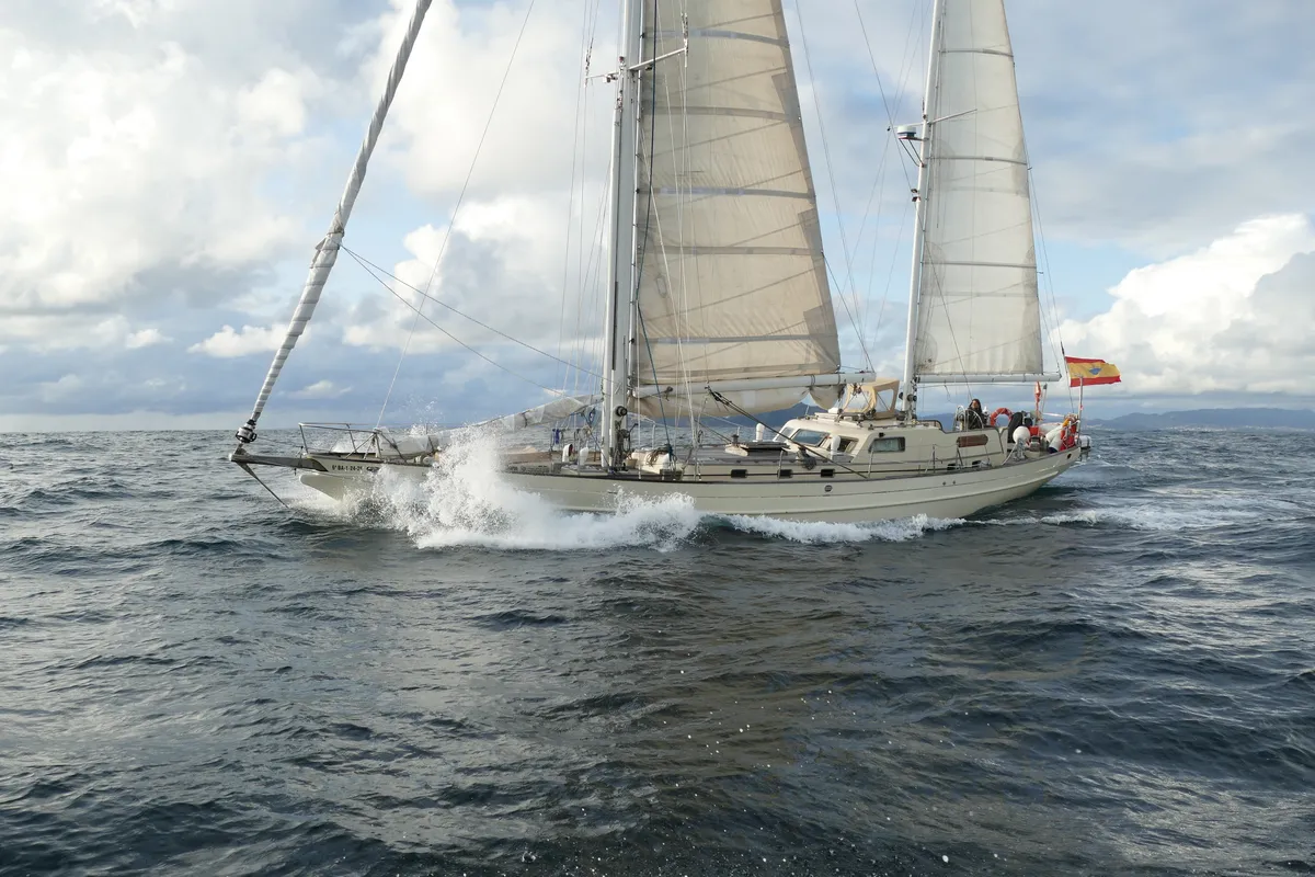 Exterior view of La Peregrina, a Gulet Frers 72 sailboat at Baiona, Spain
