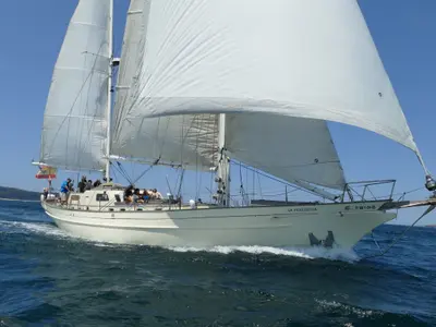 Exterior view of La Peregrina, a Gulet Frers 72 sailboat at Baiona, Spain