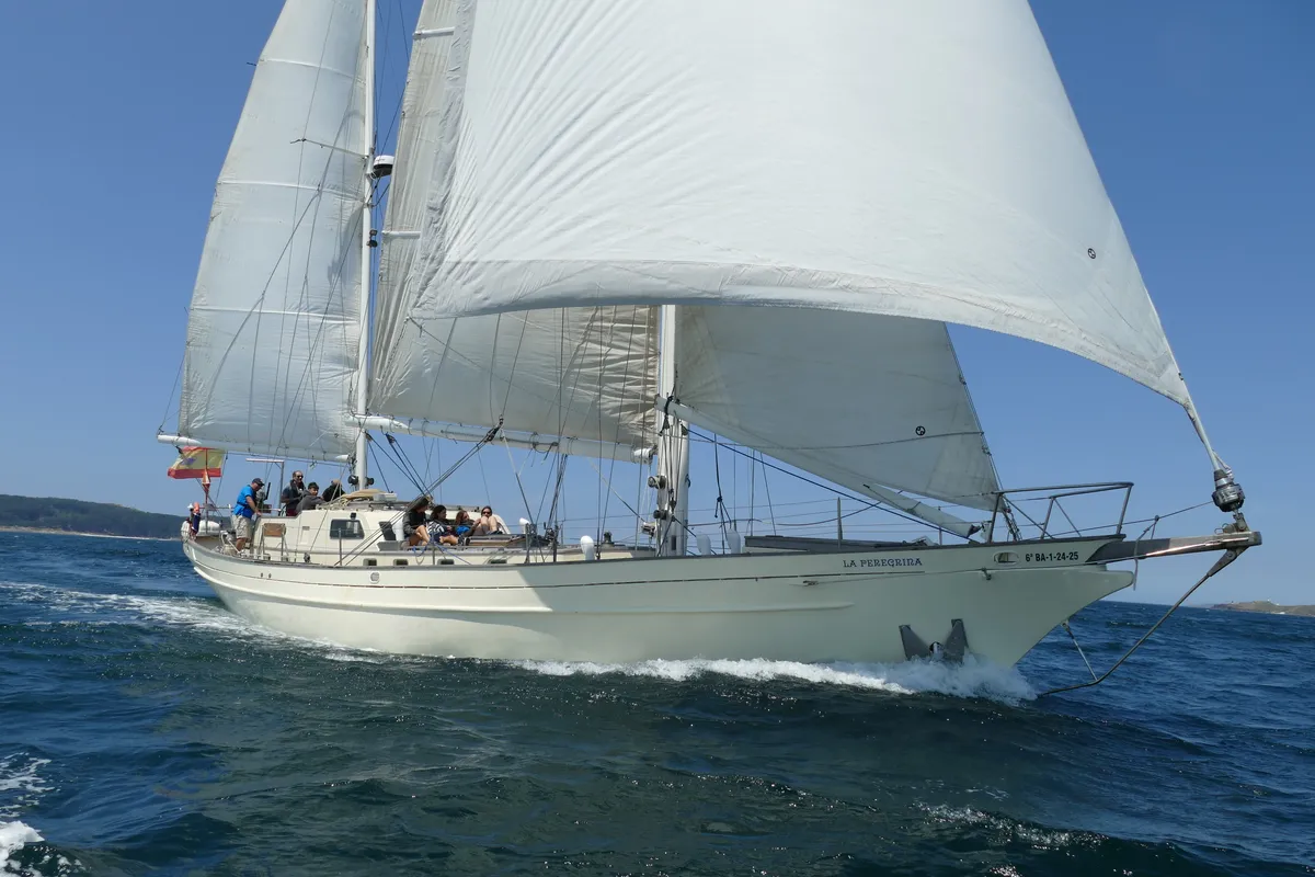 Exterior view of La Peregrina, a Gulet Frers 72 sailboat at Baiona, Spain