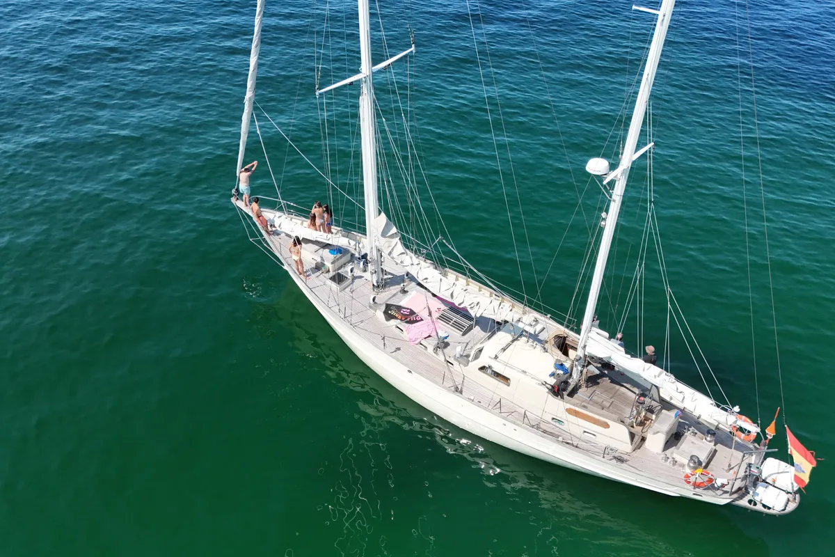 Exterior view of La Peregrina, a Gulet Frers 72 sailboat at Baiona, Spain
