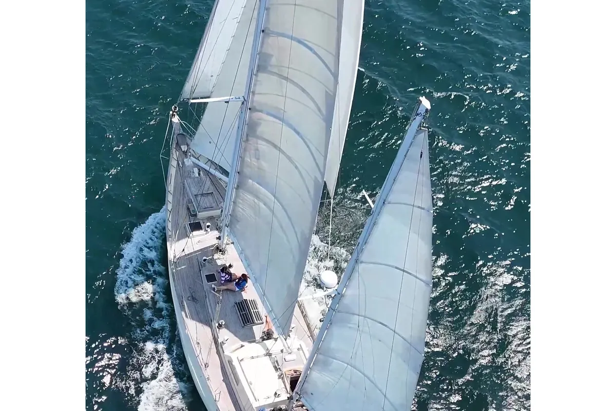 Exterior view of La Peregrina, a Gulet Frers 72 sailboat at Baiona, Spain