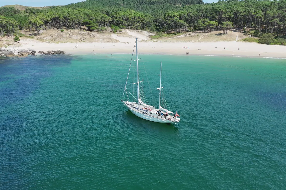 Exterior view of La Peregrina, a Gulet Frers 72 sailboat at Baiona, Spain