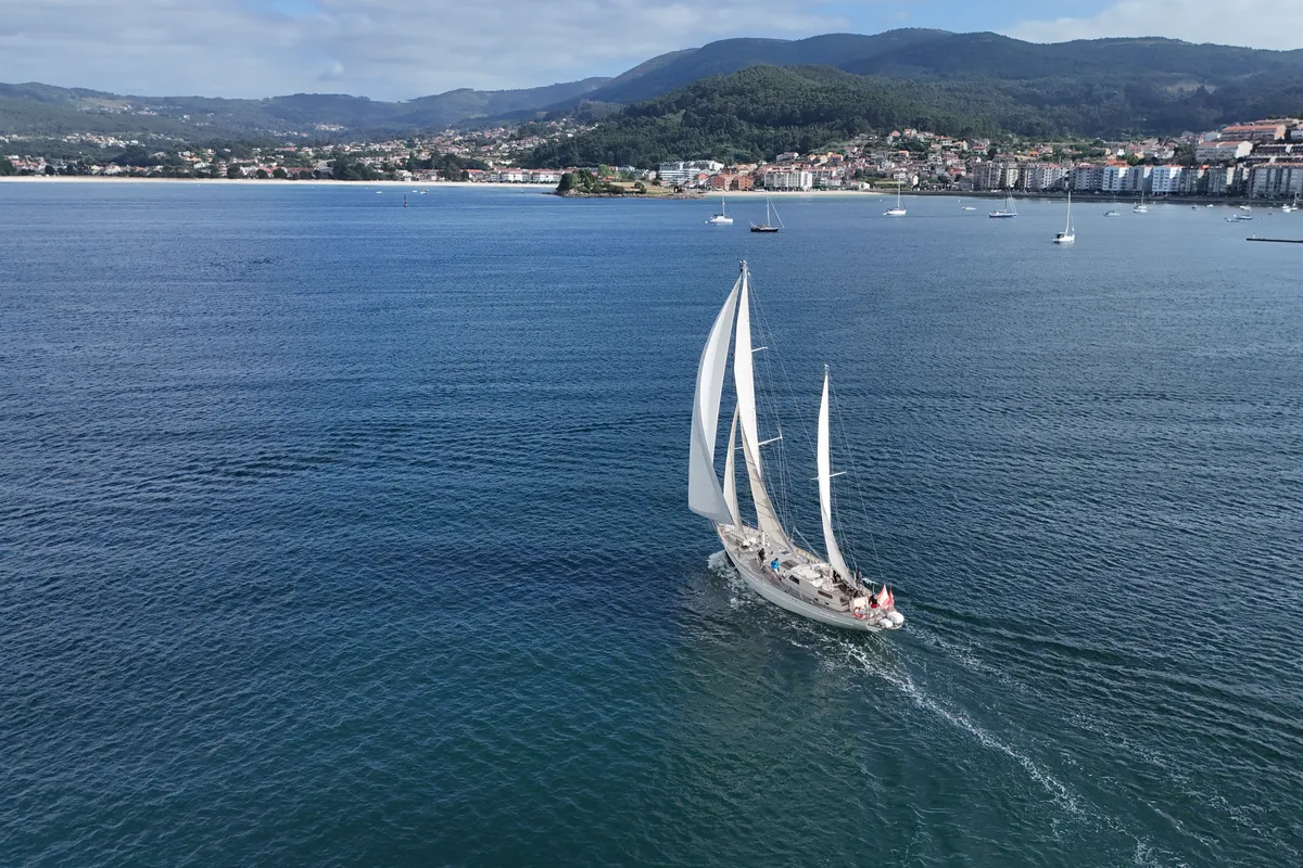Exterior view of La Peregrina, a Gulet Frers 72 sailboat at Baiona, Spain