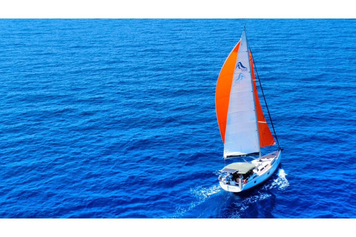 Exterior view of Planaria, a Hanse 508 sailboat at Volos, Greece