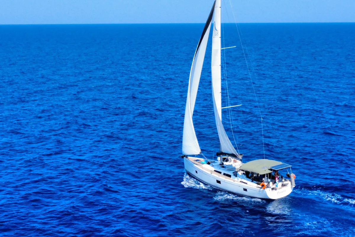Exterior view of Planaria, a Hanse 508 sailboat at Volos, Greece