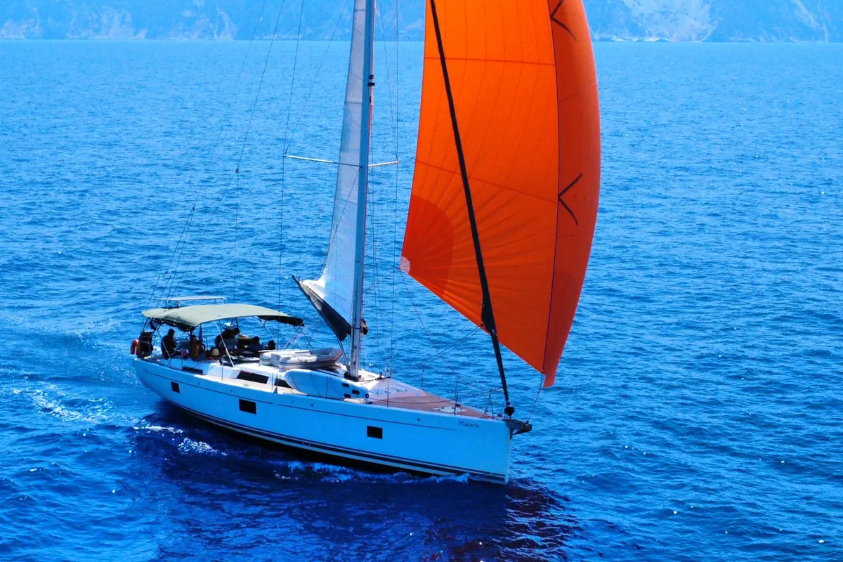 Exterior view of Planaria, a Hanse 508 sailboat at Volos, Greece