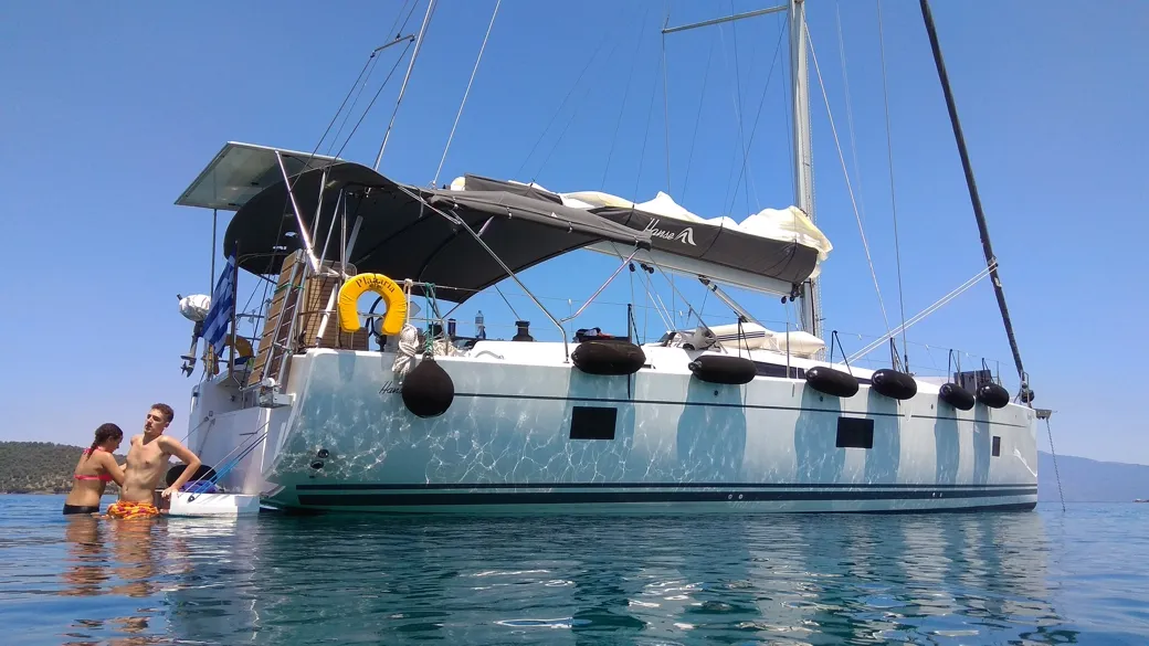 Exterior view of Planaria, a Hanse 508 sailboat at Volos, Greece