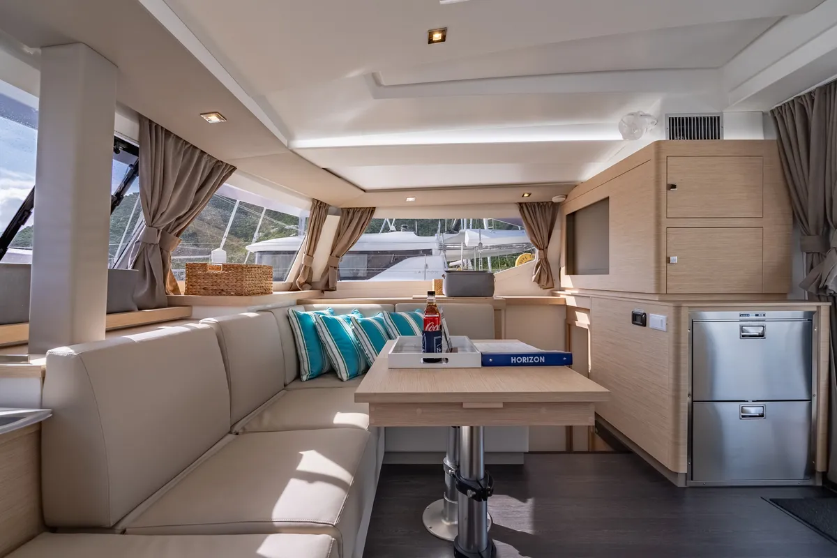 Salon of Rendezvous III, a Fountaine Pajot Astrea 42 catamaran at Road Town, British Virgin Islands