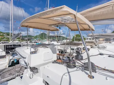 Cockpit of Rendezvous III, a Fountaine Pajot Astrea 42 catamaran at Road Town, British Virgin Islands