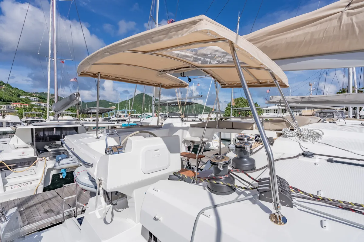 Cockpit of Rendezvous III, a Fountaine Pajot Astrea 42 catamaran at Road Town, British Virgin Islands