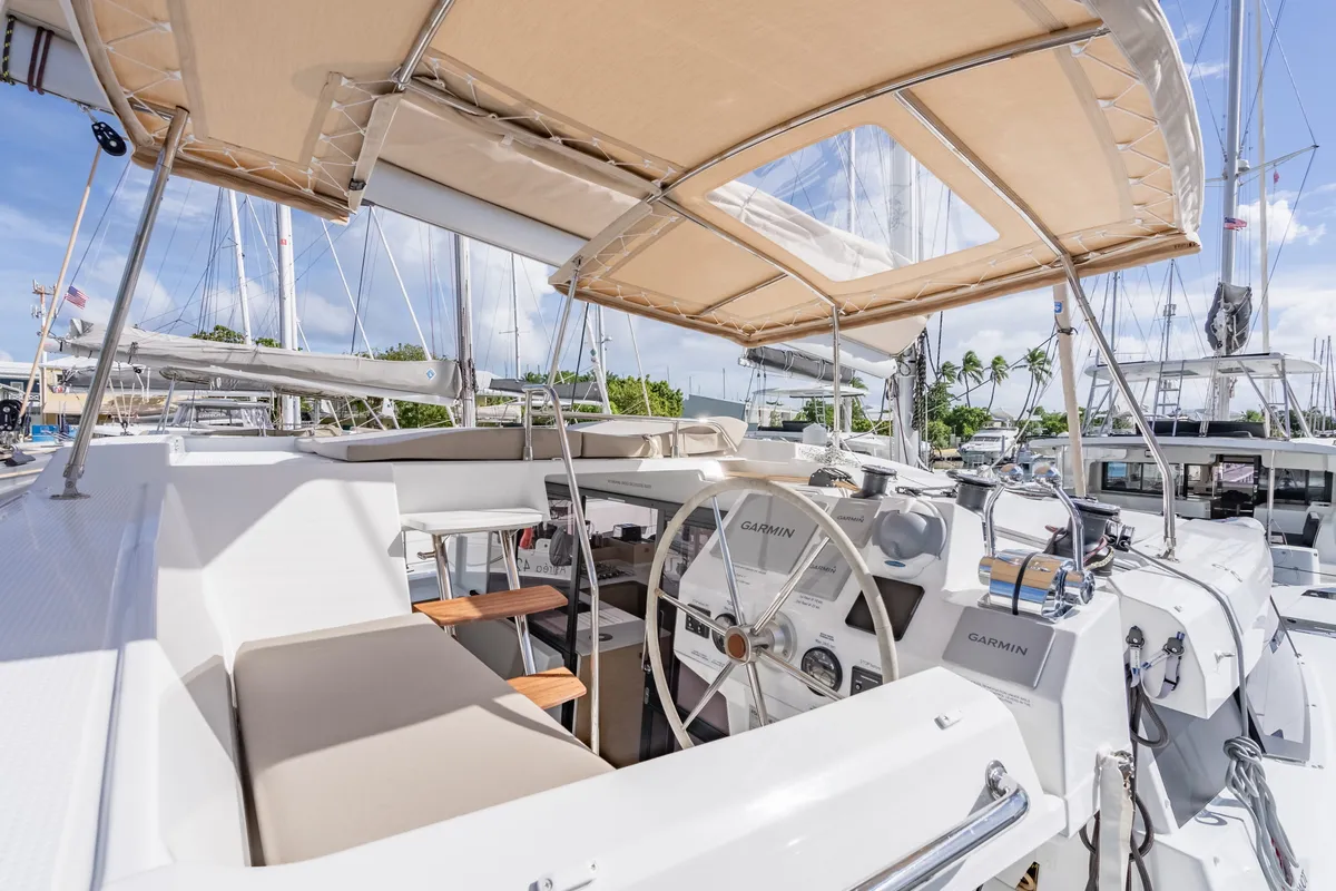 Cockpit of Rendezvous III, a Fountaine Pajot Astrea 42 catamaran at Road Town, British Virgin Islands