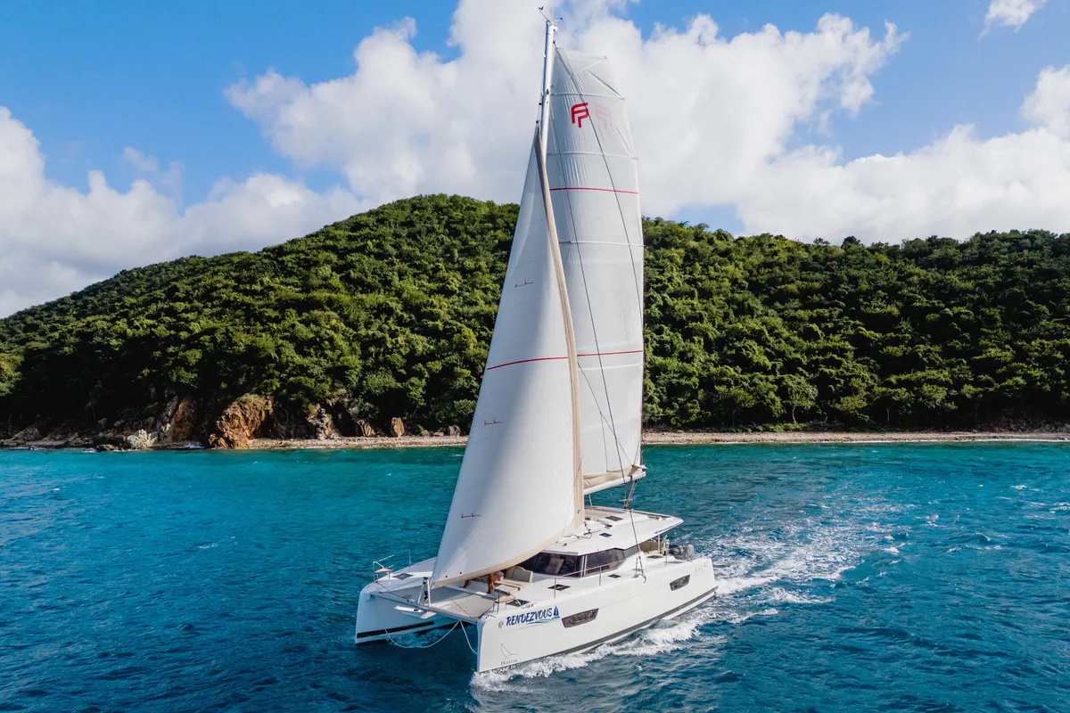 Exterior view of Rendezvous III, a Fountaine Pajot Astrea 42 catamaran at Road Town, British Virgin Islands