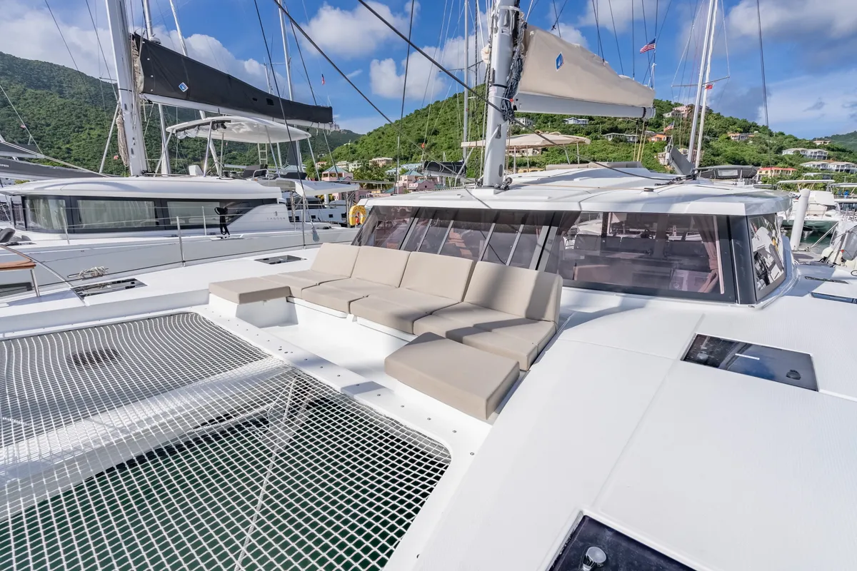 Deck of Rendezvous III, a Fountaine Pajot Astrea 42 catamaran at Road Town, British Virgin Islands