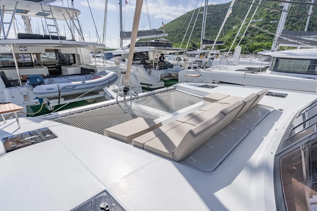 Deck of Rendezvous III, a Fountaine Pajot Astrea 42 catamaran at Road Town, British Virgin Islands