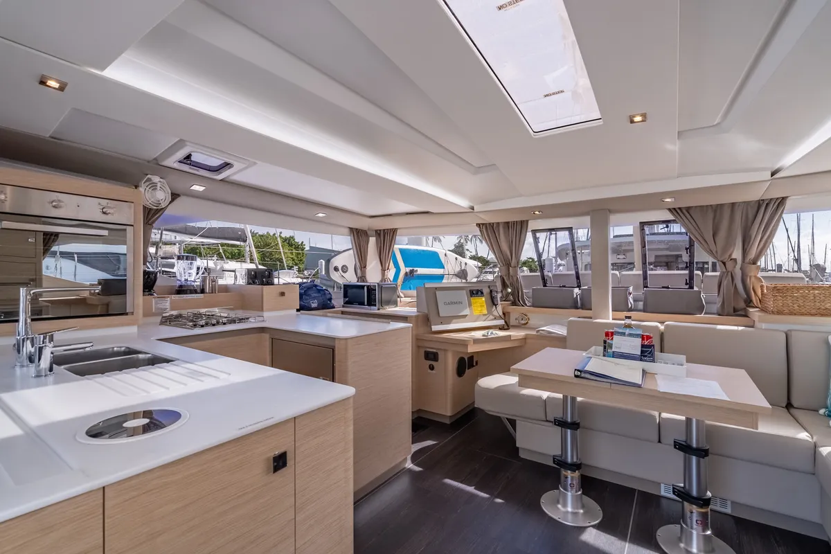 Salon of Rendezvous III, a Fountaine Pajot Astrea 42 catamaran at Road Town, British Virgin Islands