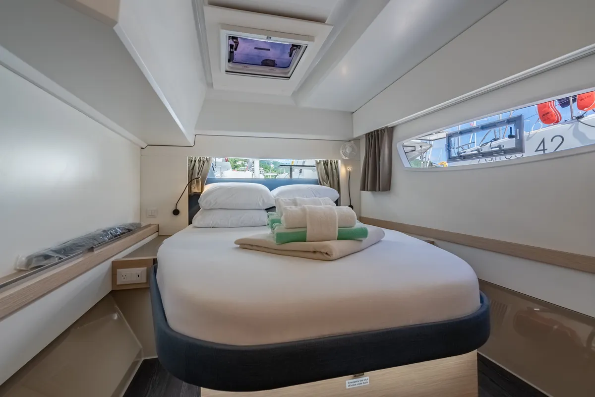 Cabin on Rendezvous III, a Fountaine Pajot Astrea 42 catamaran at Road Town, British Virgin Islands