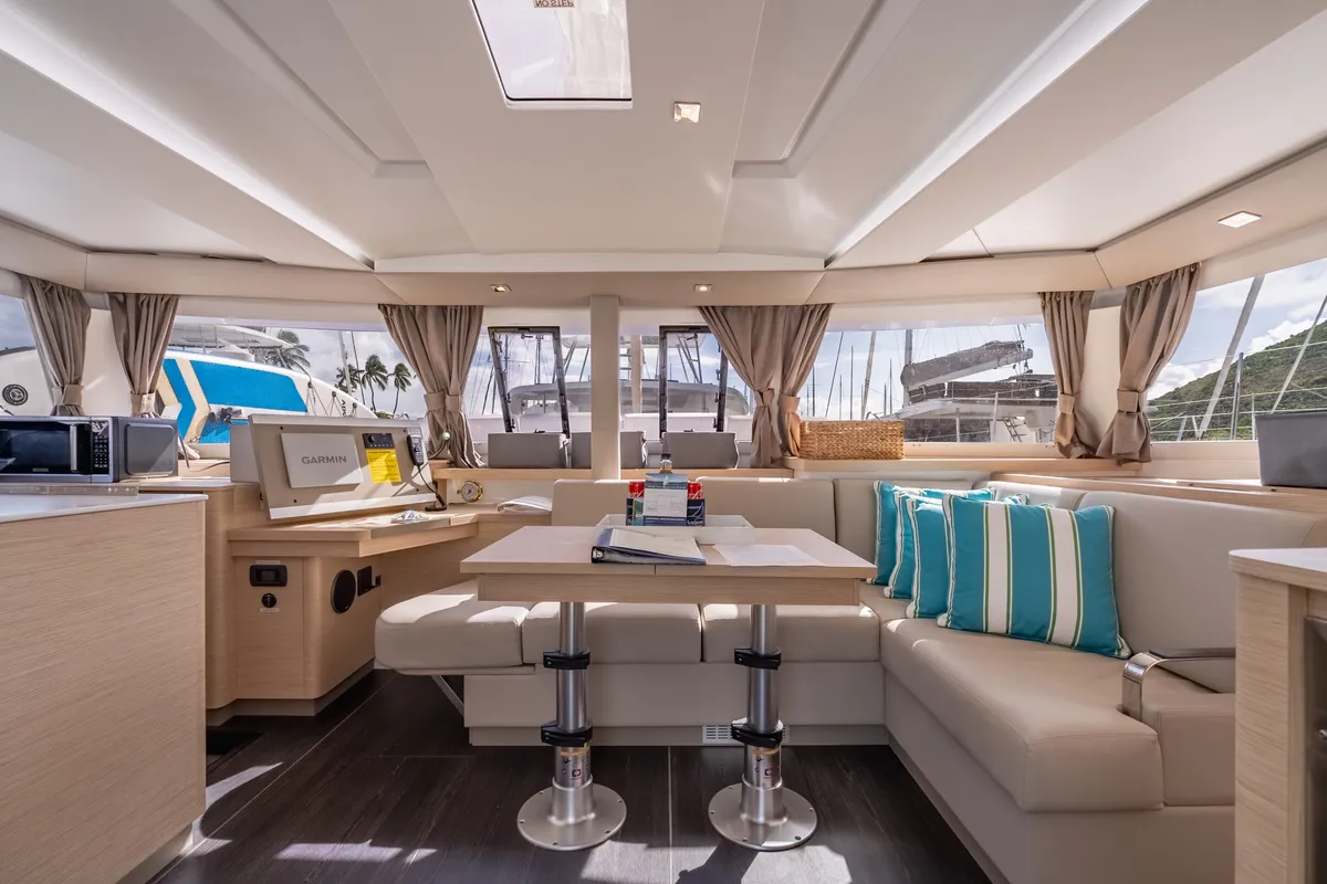 Salon of Rendezvous III, a Fountaine Pajot Astrea 42 catamaran at Road Town, British Virgin Islands