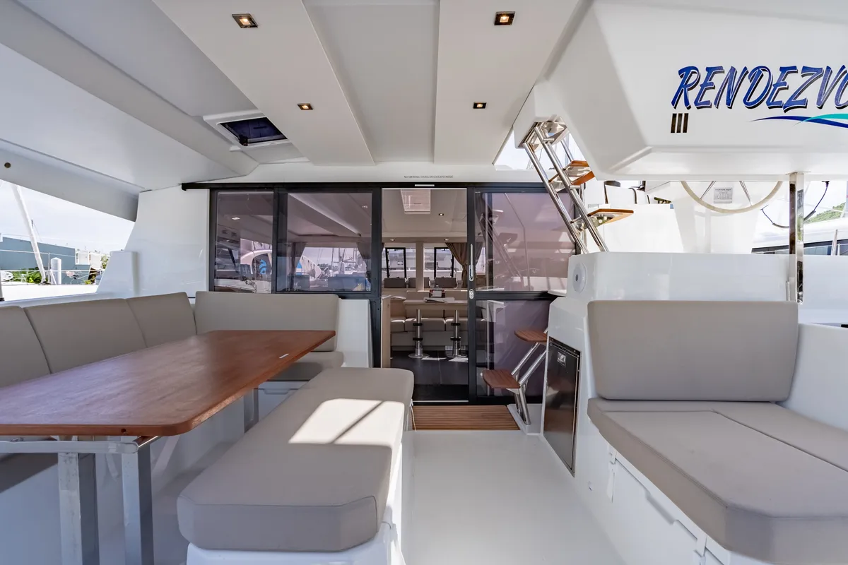 Deck of Rendezvous III, a Fountaine Pajot Astrea 42 catamaran at Road Town, British Virgin Islands