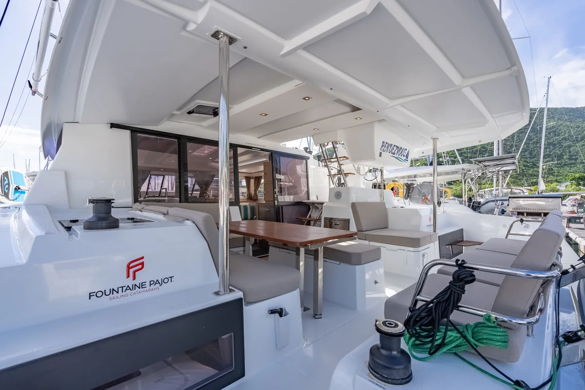 Deck of Rendezvous III, a Fountaine Pajot Astrea 42 catamaran at Road Town, British Virgin Islands