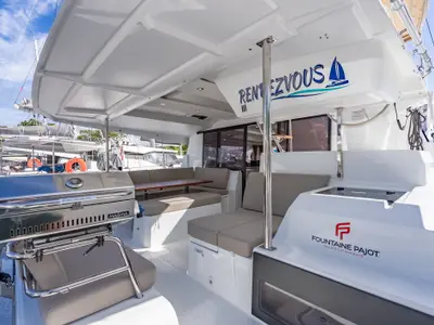 Deck of Rendezvous III, a Fountaine Pajot Astrea 42 catamaran at Road Town, British Virgin Islands