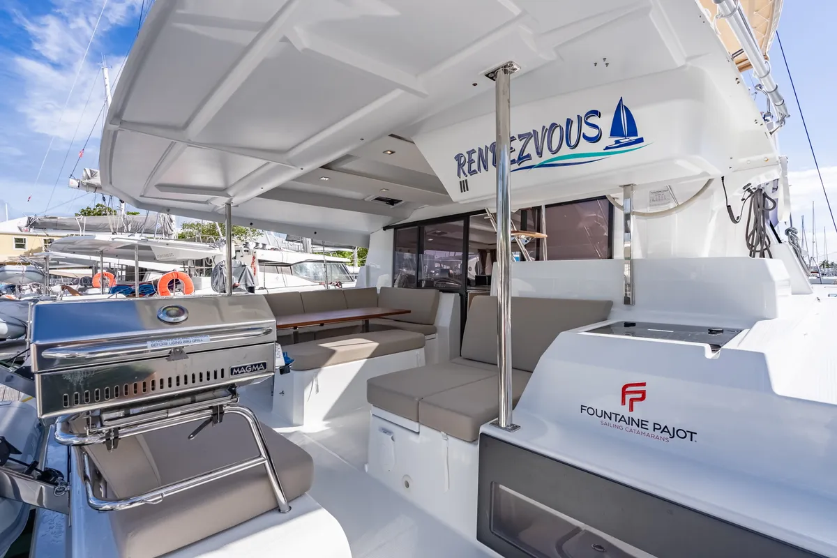 Deck of Rendezvous III, a Fountaine Pajot Astrea 42 catamaran at Road Town, British Virgin Islands
