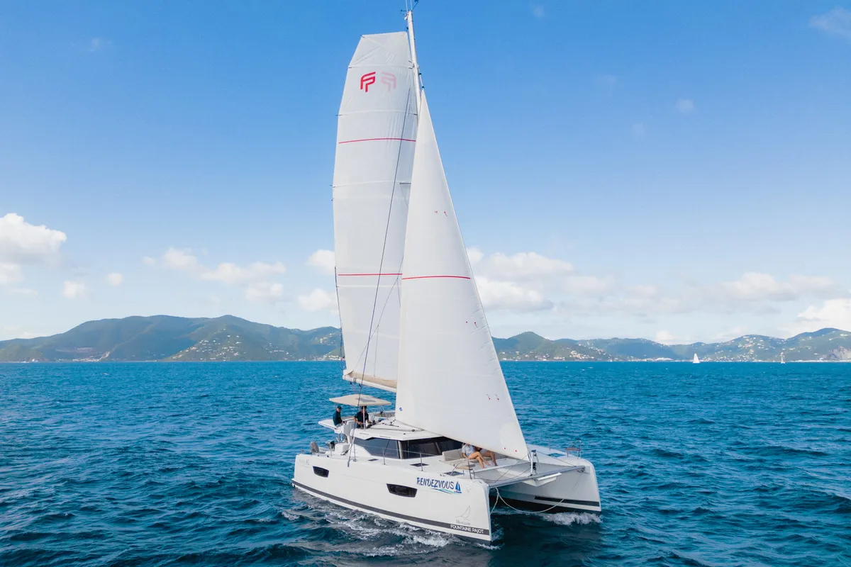 Exterior view of Rendezvous III, a Fountaine Pajot Astrea 42 catamaran at Road Town, British Virgin Islands