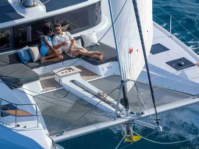 Deck of Deb Elli, a Lagoon 51 catamaran at Sant Antoni de Portmany, Spain