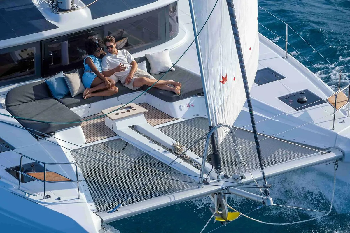 Deck of Deb Elli, a Lagoon 51 catamaran at Sant Antoni de Portmany, Spain
