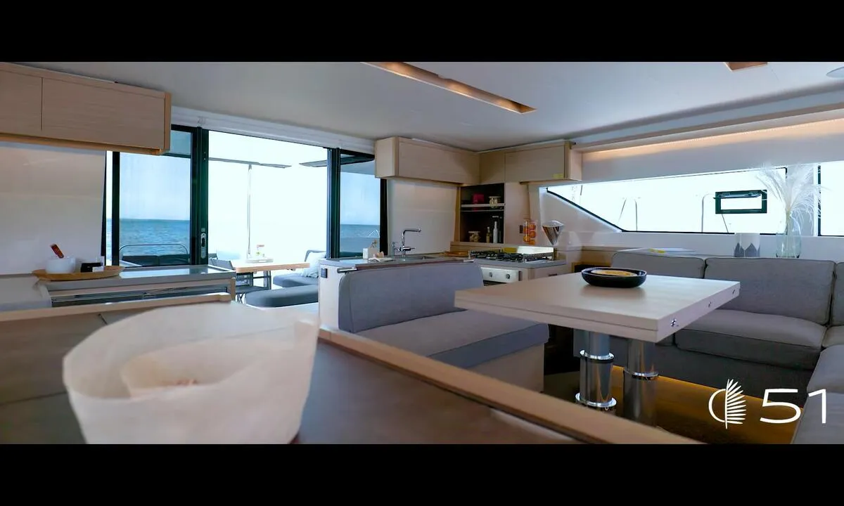 Salon of Deb Elli, a Lagoon 51 catamaran at Sant Antoni de Portmany, Spain