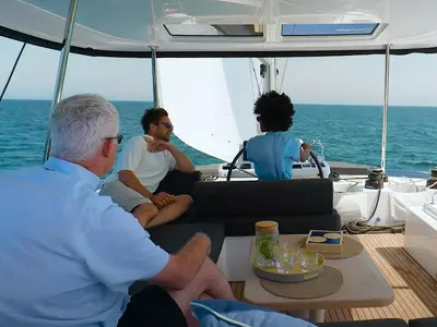 Cockpit of Deb Elli, a Lagoon 51 catamaran at Sant Antoni de Portmany, Spain