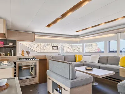 Salon of Deb Elli, a Lagoon 51 catamaran at Sant Antoni de Portmany, Spain