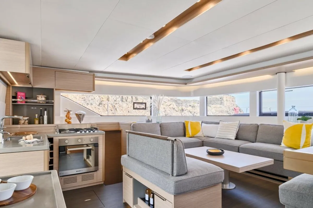 Salon of Deb Elli, a Lagoon 51 catamaran at Sant Antoni de Portmany, Spain