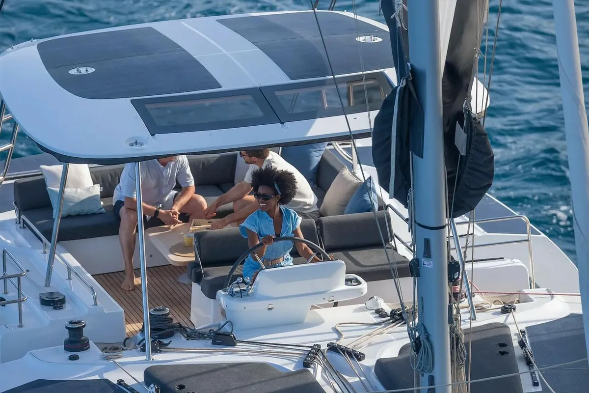 Cockpit of Deb Elli, a Lagoon 51 catamaran at Sant Antoni de Portmany, Spain