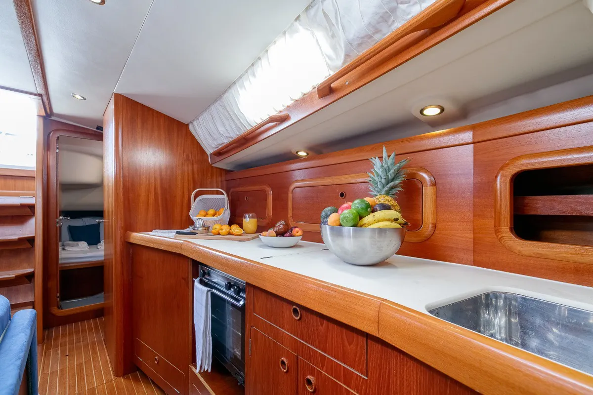 Galley of Nemo, a Grand Soleil 43 sailboat at Baiona, Spain