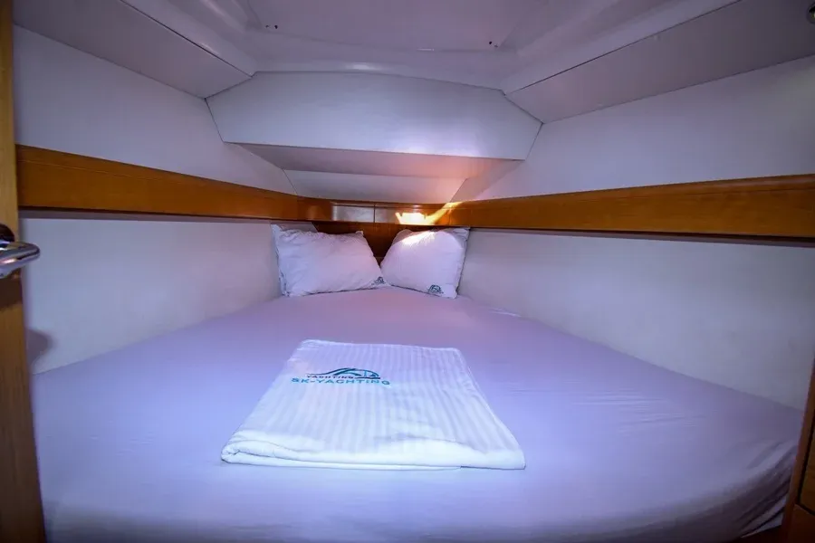 Cabin on Schnecke, a Jeanneau Sun Odyssey 36i sailboat at Marmaris, Turkey
