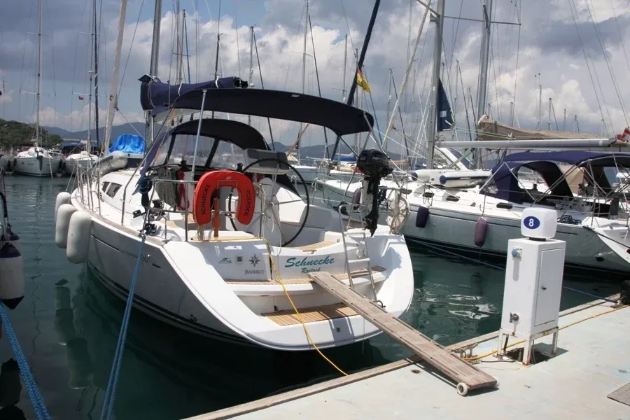 Exterior view of Schnecke, a Jeanneau Sun Odyssey 36i sailboat at Marmaris, Turkey