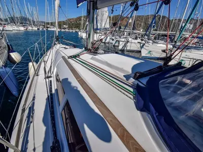 Deck of Schnecke, a Jeanneau Sun Odyssey 36i sailboat at Marmaris, Turkey
