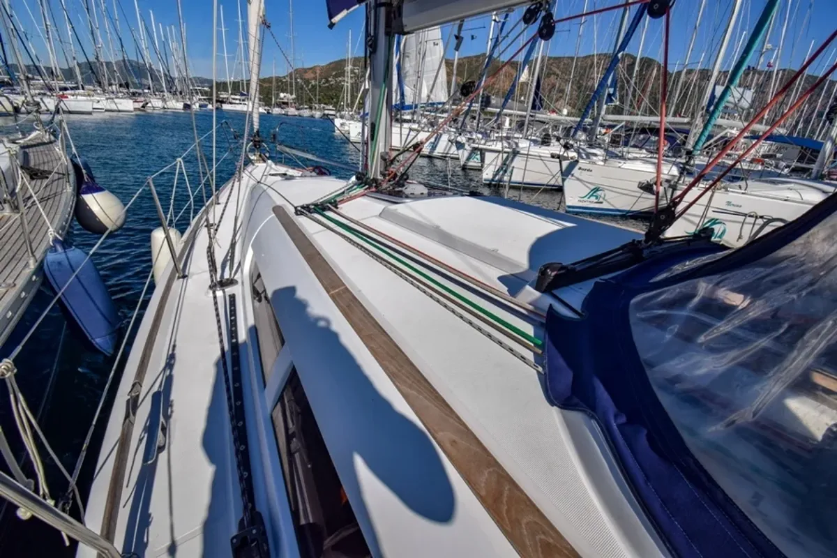 Deck of Schnecke, a Jeanneau Sun Odyssey 36i sailboat at Marmaris, Turkey