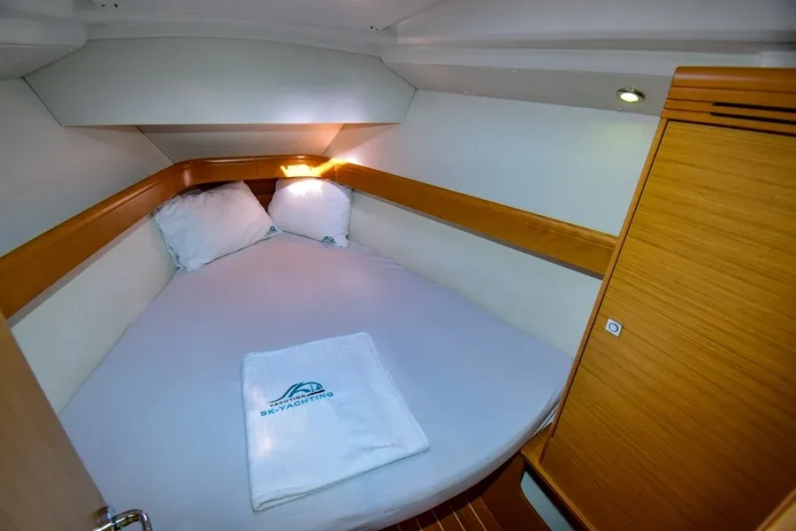 Cabin on Schnecke, a Jeanneau Sun Odyssey 36i sailboat at Marmaris, Turkey