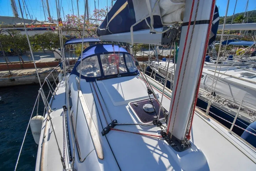 Deck of Schnecke, a Jeanneau Sun Odyssey 36i sailboat at Marmaris, Turkey