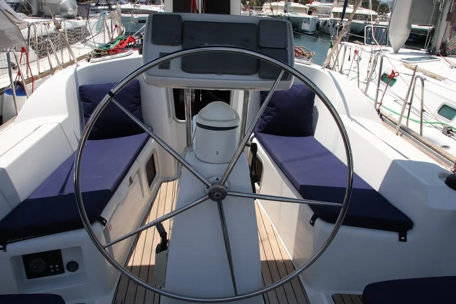 Cockpit of Schnecke, a Jeanneau Sun Odyssey 36i sailboat at Marmaris, Turkey