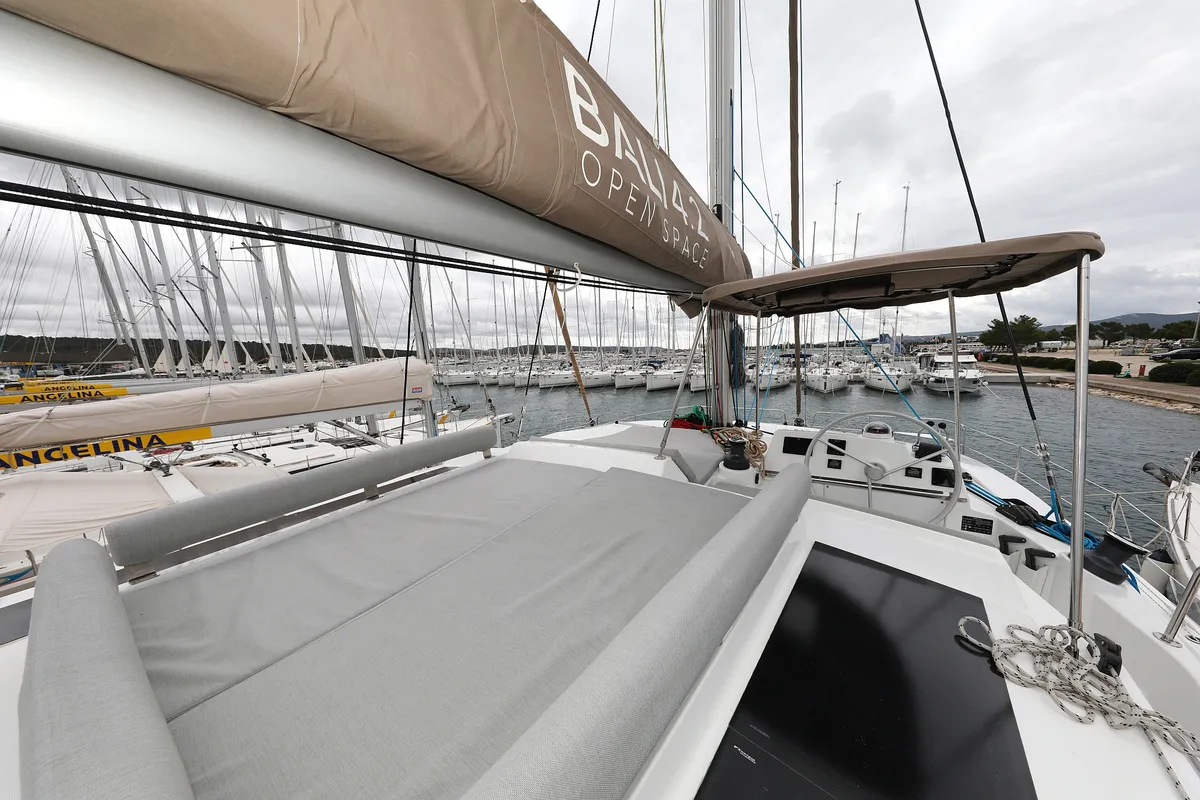 Deck of Sunlight, a Bali 4.2 OW catamaran at Grad Biograd na Moru, Croatia