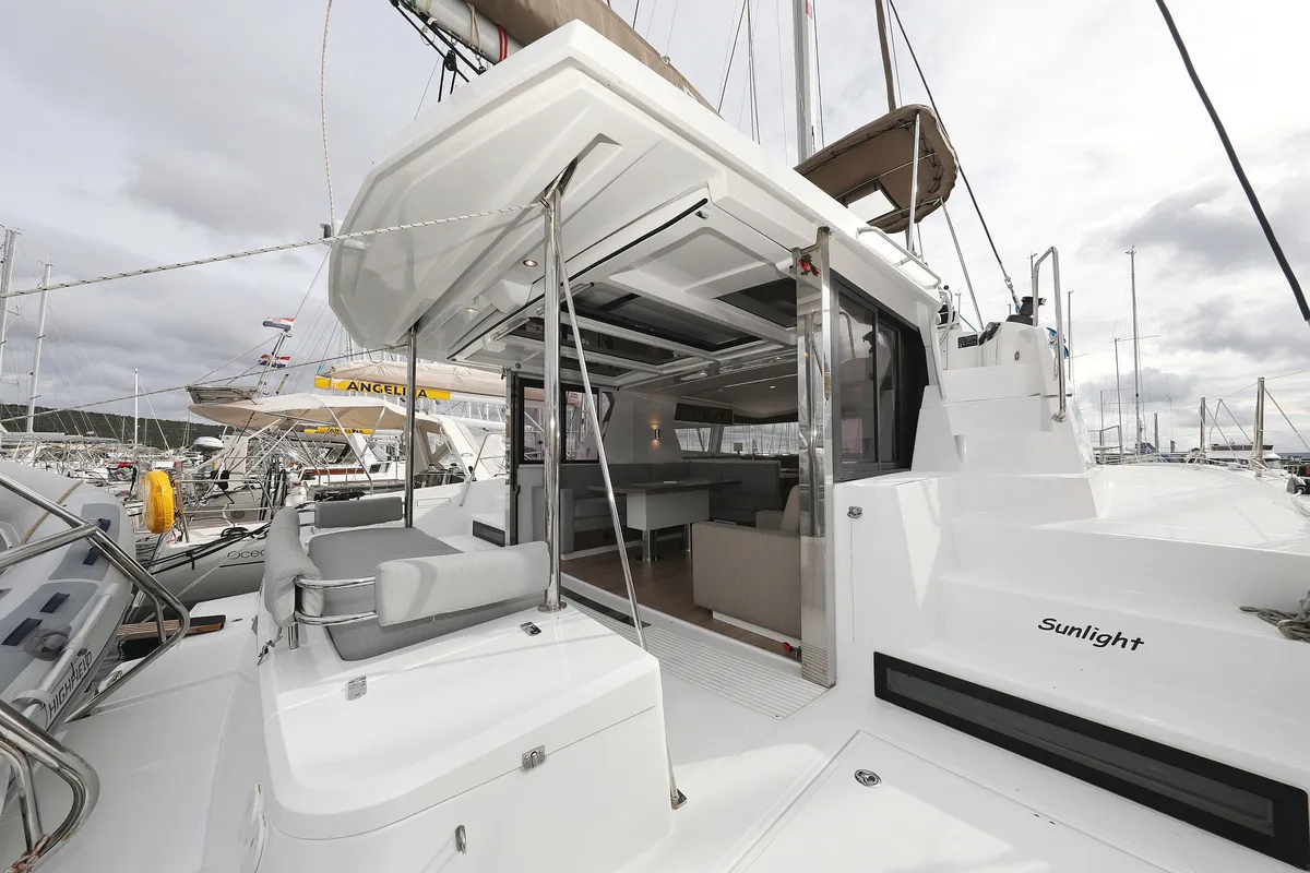 Deck of Sunlight, a Bali 4.2 OW catamaran at Grad Biograd na Moru, Croatia