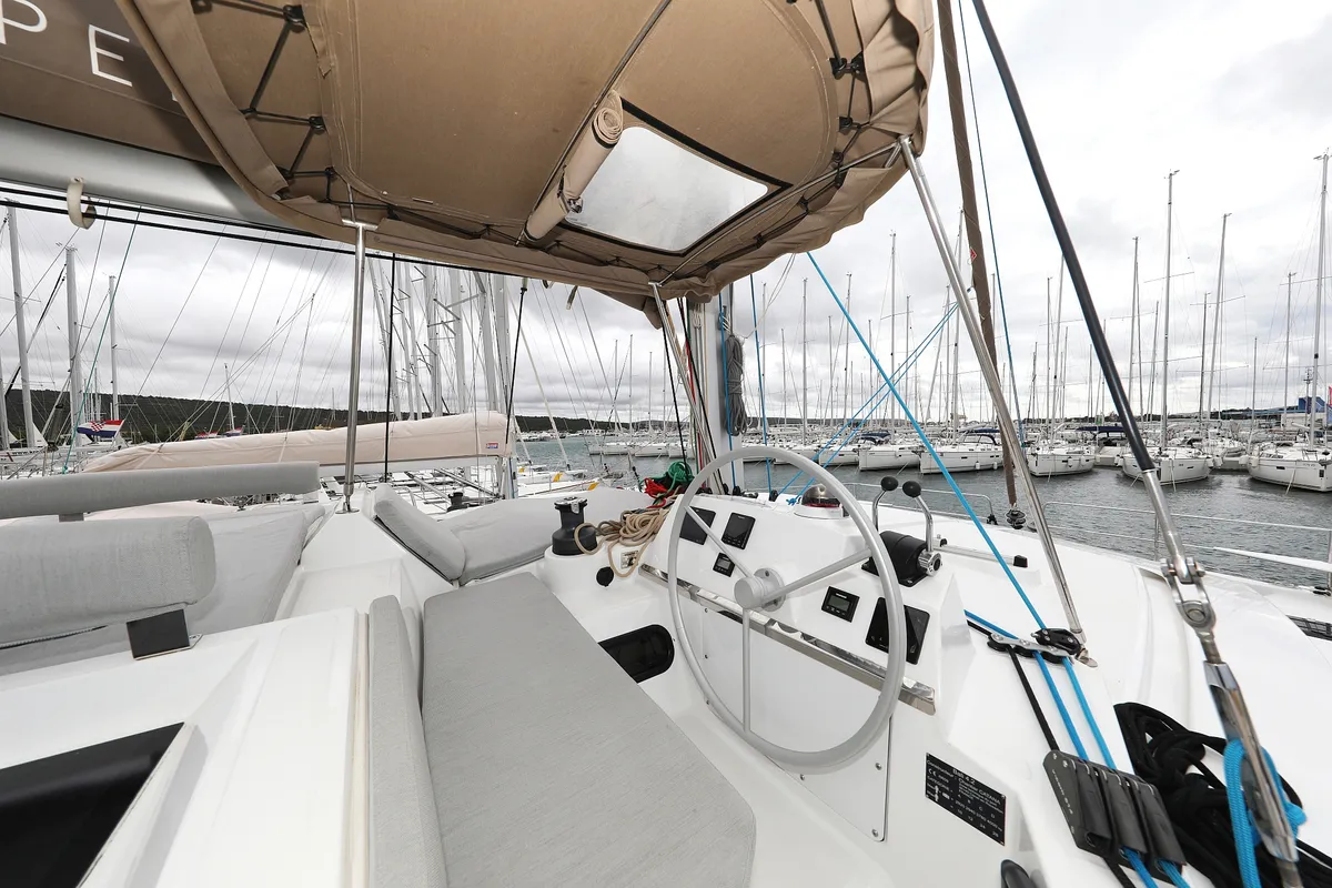 Cockpit of Sunlight, a Bali 4.2 OW catamaran at Grad Biograd na Moru, Croatia