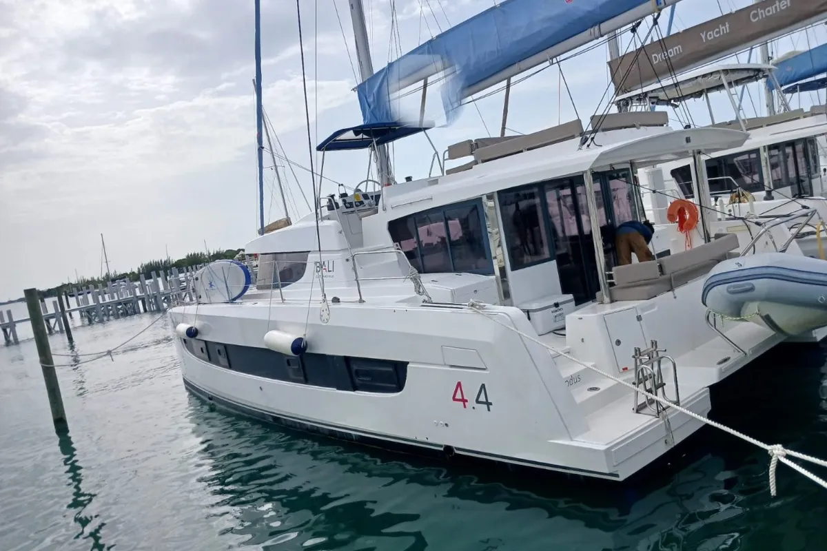 Exterior view of Exodus, a Bali 4.4 catamaran at Central Abaco, Bahamas