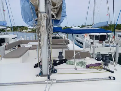 Deck of Exodus, a Bali 4.4 catamaran at Central Abaco, Bahamas