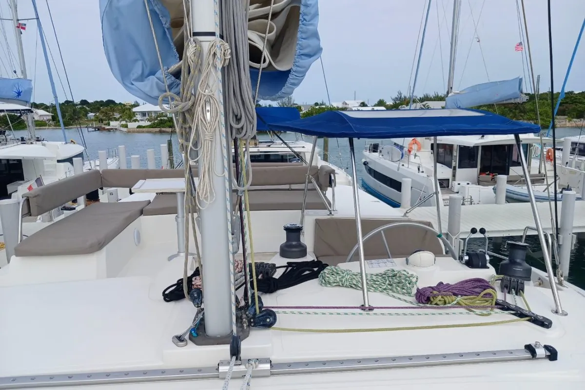 Deck of Exodus, a Bali 4.4 catamaran at Central Abaco, Bahamas