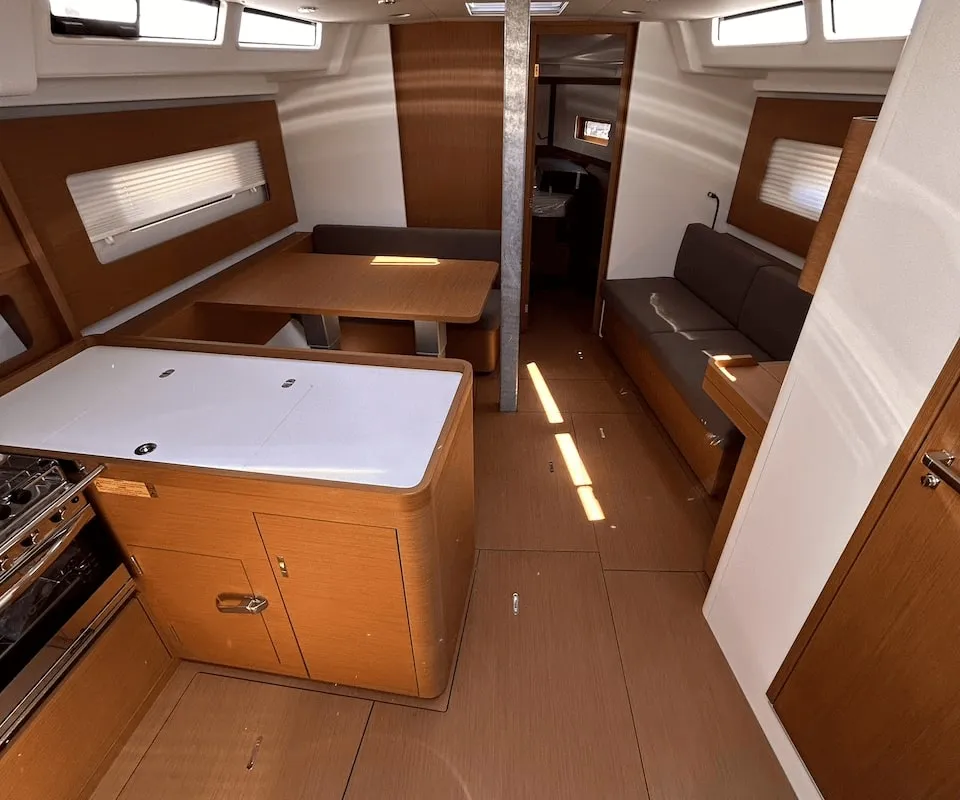 Salon of TITI, a Beneteau First 44 sailboat at Lavrion, Greece